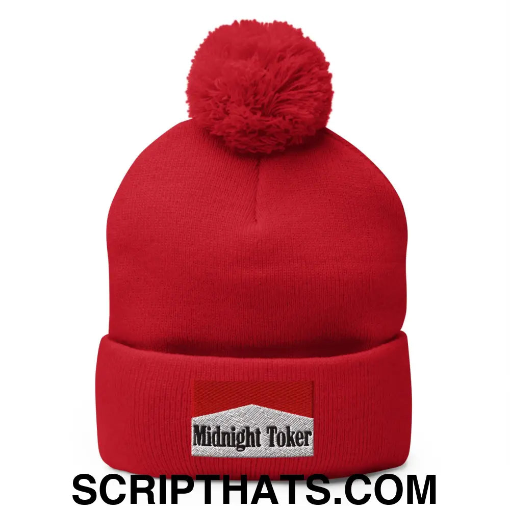 Midnight Toker Embroidered Knit Pom Pom Beanie Red