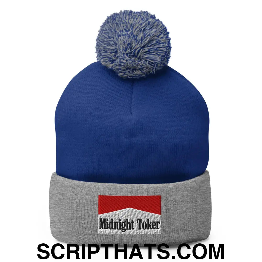 Midnight Toker Embroidered Knit Pom Pom Beanie Royal Heather Grey