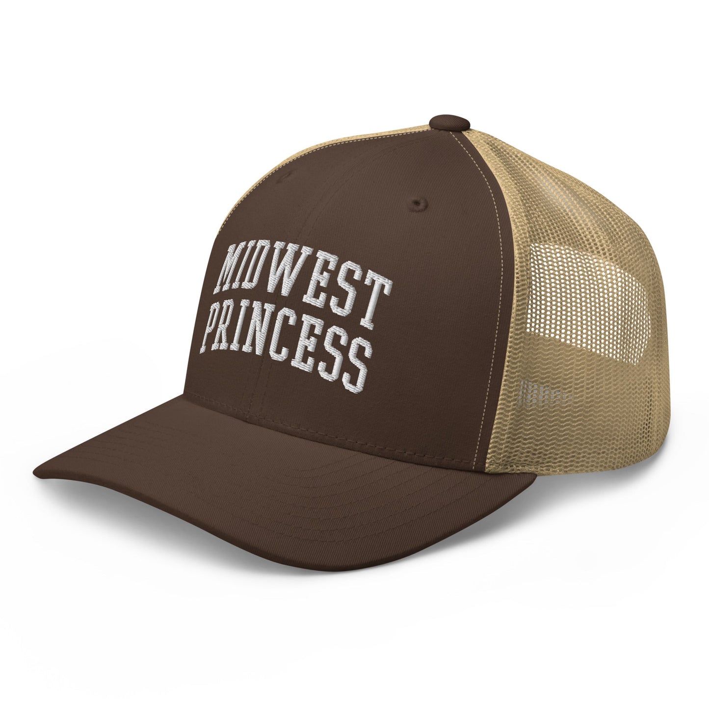 Midwest Princess Varsity Letterman Block Retro Trucker Hat Brown Khaki