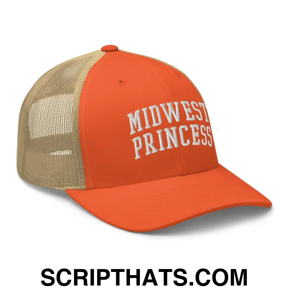 Midwest Princess Varsity Letterman Block Retro Trucker Hat Rustic Orange Khaki