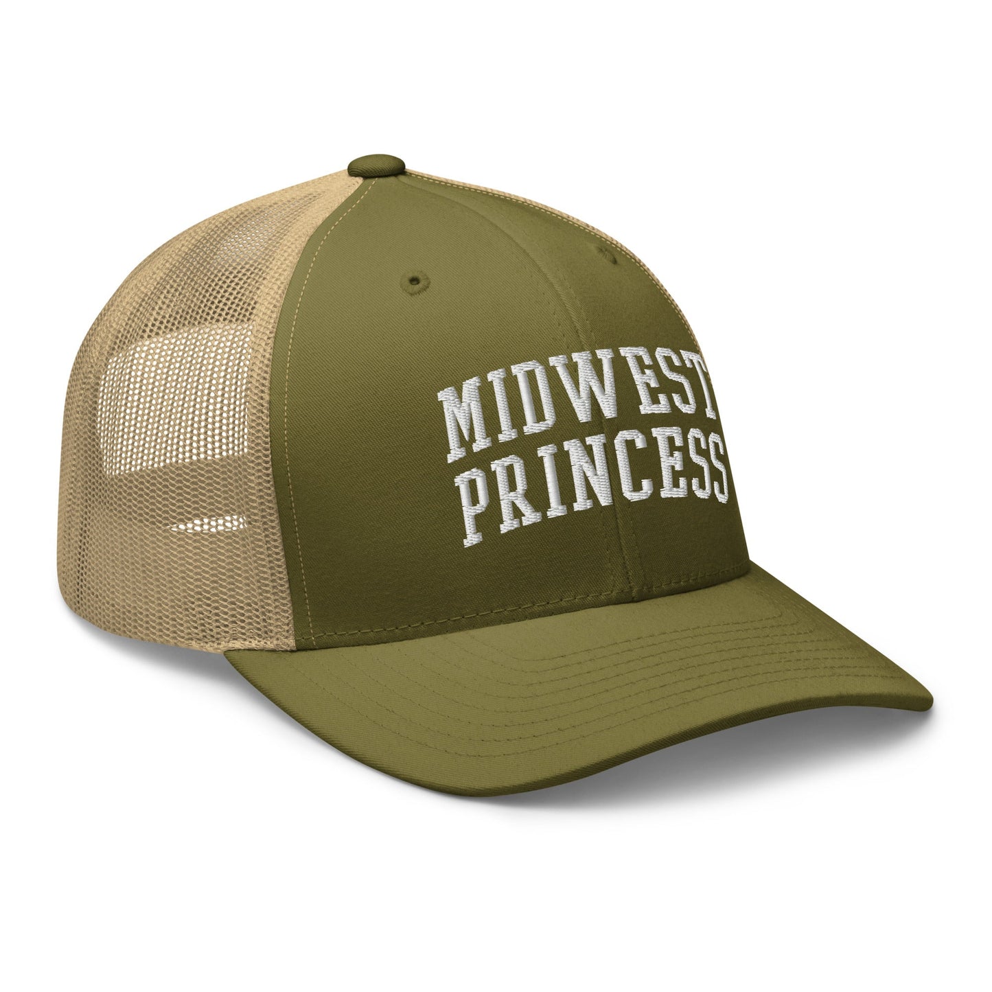 Midwest Princess Varsity Letterman Block Retro Trucker Hat Moss Khaki