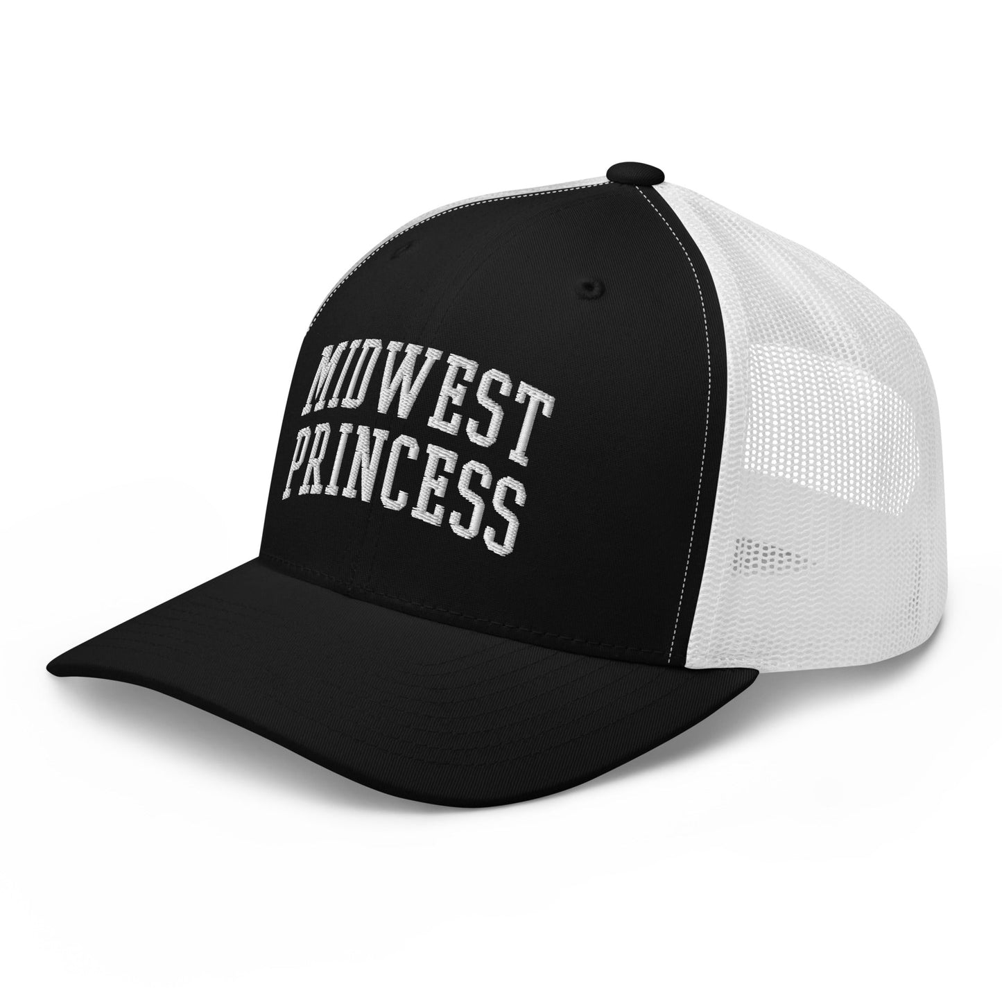 Midwest Princess Varsity Letterman Block Retro Trucker Hat Black White