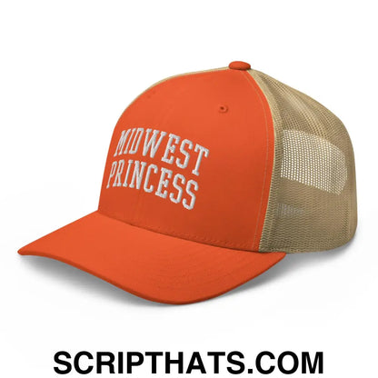 Midwest Princess Varsity Letterman Block Retro Trucker Hat Rustic Orange Khaki