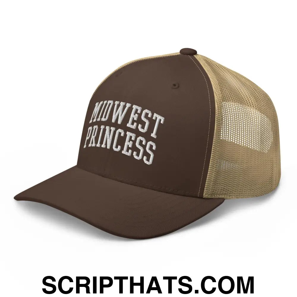 Midwest Princess Varsity Letterman Block Retro Trucker Hat Brown Khaki