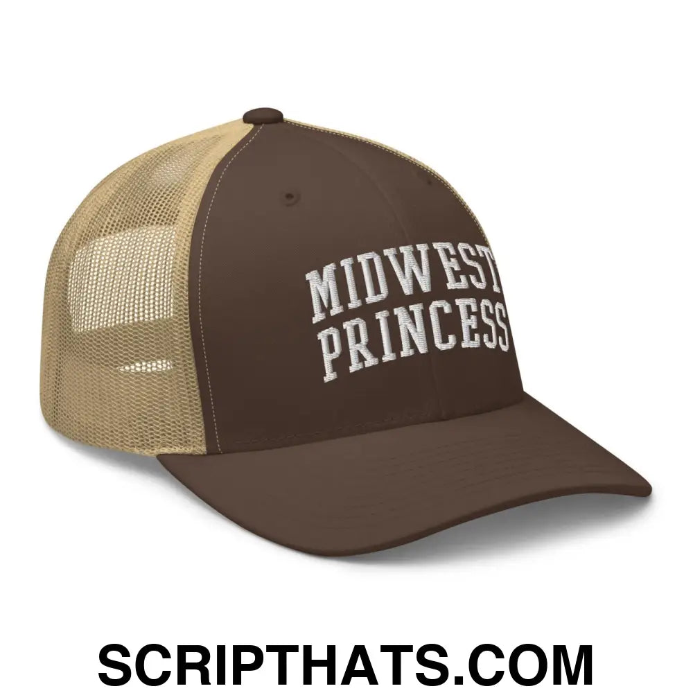 Midwest Princess Varsity Letterman Block Retro Trucker Hat Brown Khaki