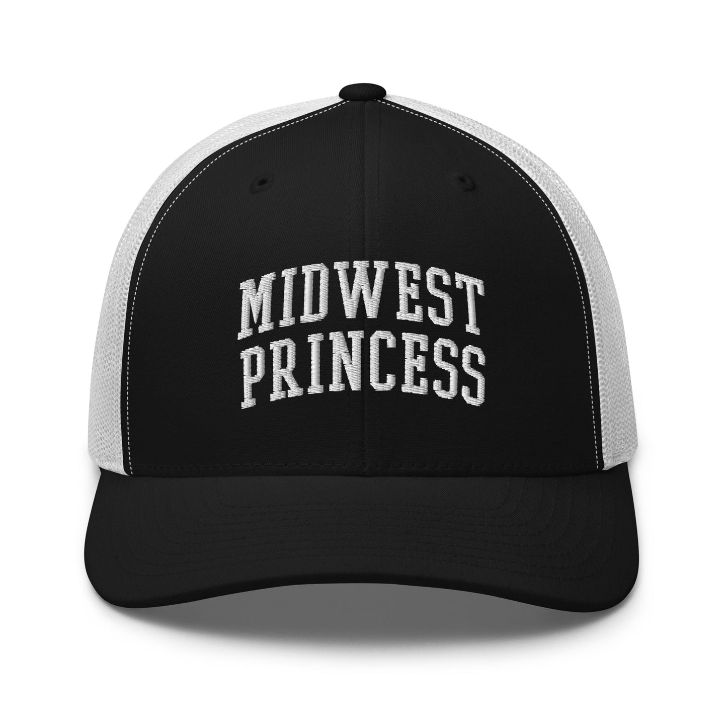 Midwest Princess Varsity Letterman Block Retro Trucker Hat Black White