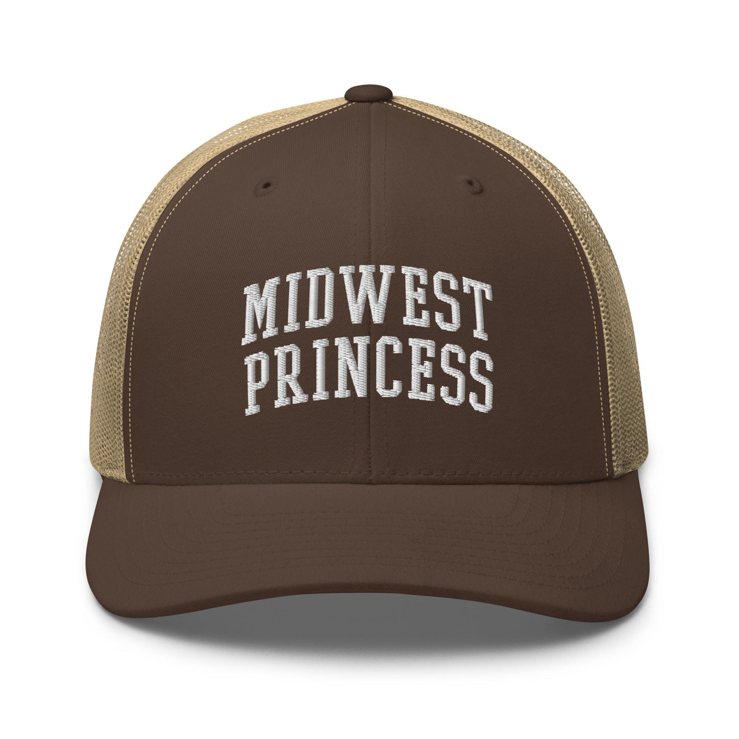 Midwest Princess Varsity Letterman Block Retro Trucker Hat Brown Khaki