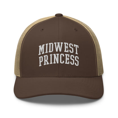 Midwest Princess Varsity Letterman Block Retro Trucker Hat Brown Khaki