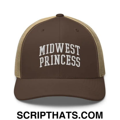 Midwest Princess Varsity Letterman Block Retro Trucker Hat Brown Khaki