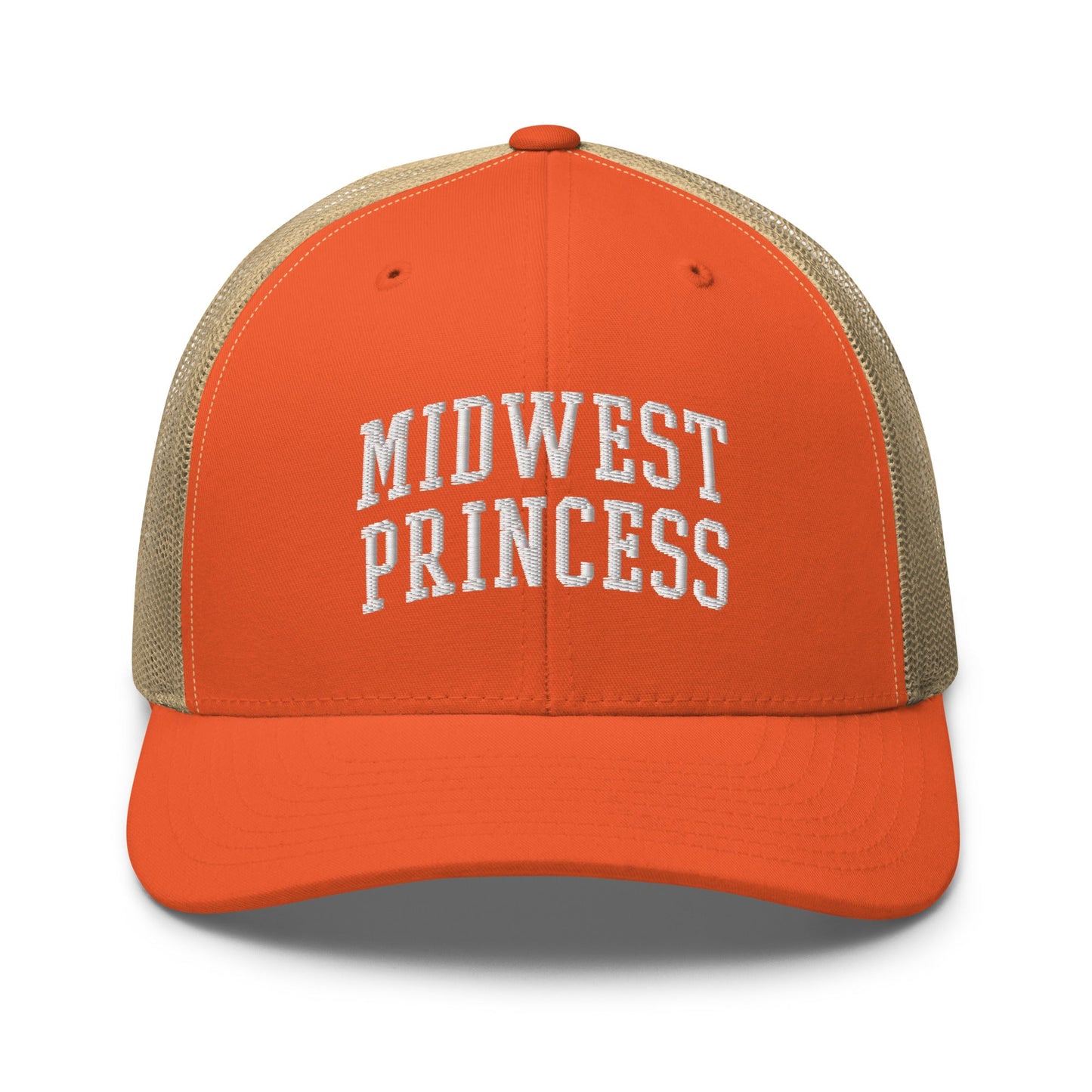 Midwest Princess Varsity Letterman Block Retro Trucker Hat Rustic Orange Khaki