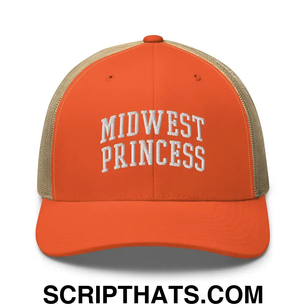 Midwest Princess Varsity Letterman Block Retro Trucker Hat Rustic Orange Khaki