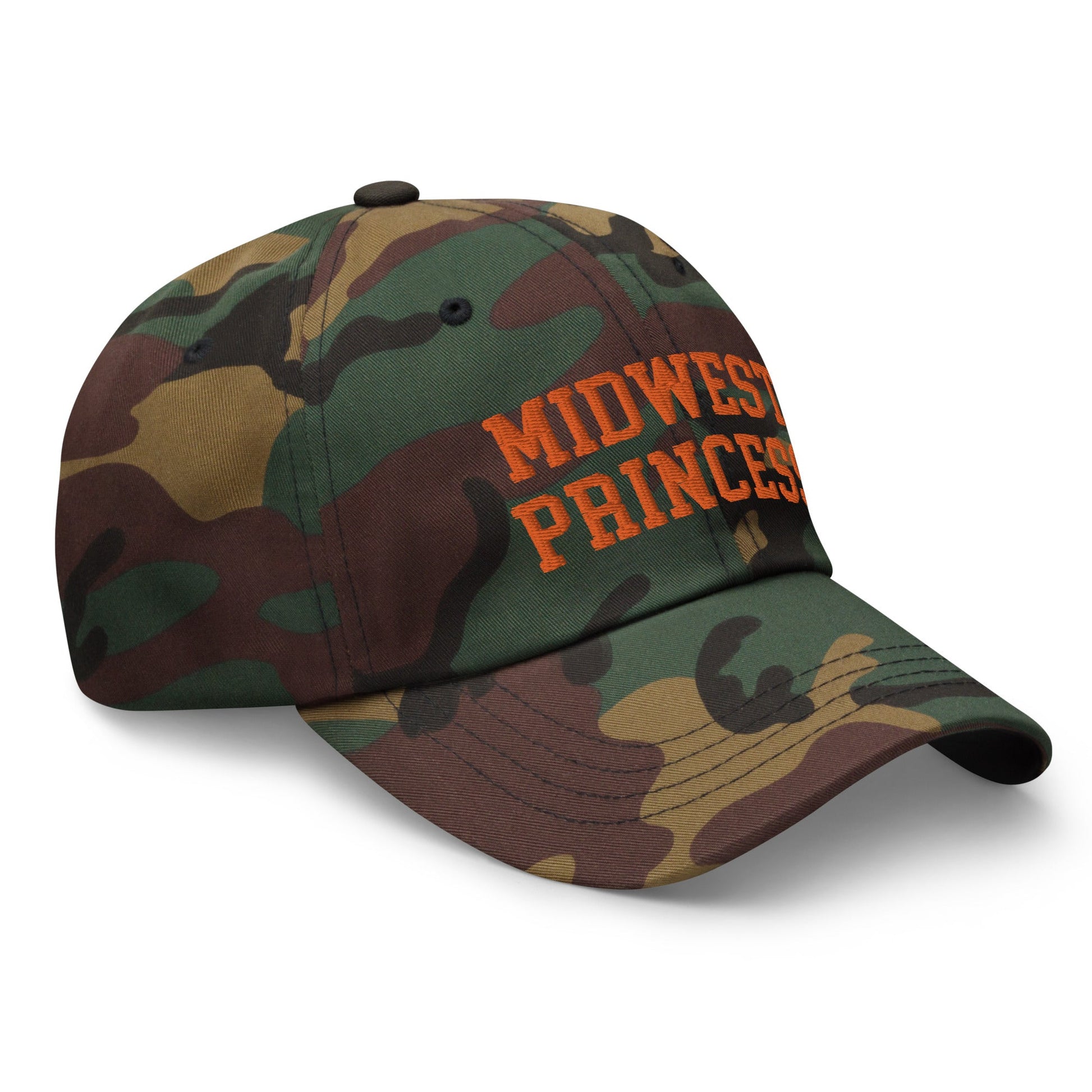 Midwest Princess Varsity Letterman Dad Hat Orange Green Camo