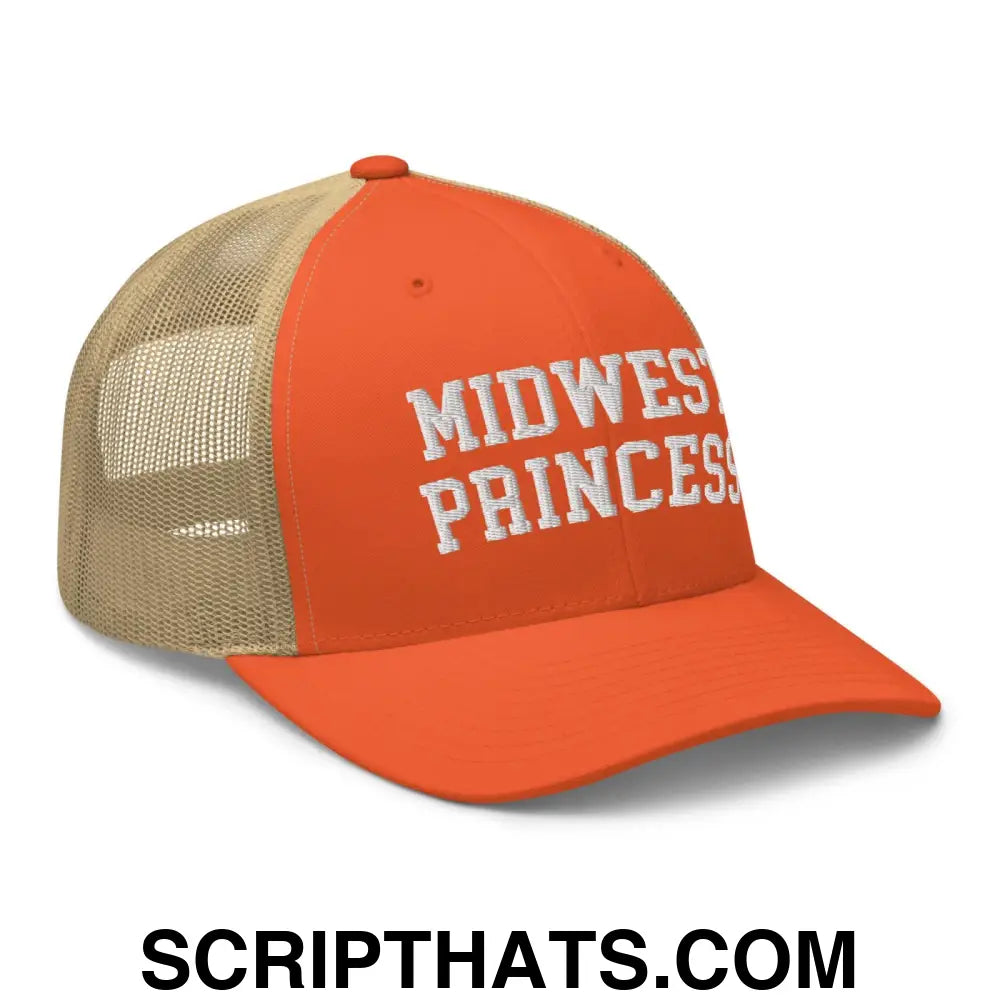 Midwest Princess Varsity Letterman Retro Trucker Hat Rustic Orange Khaki