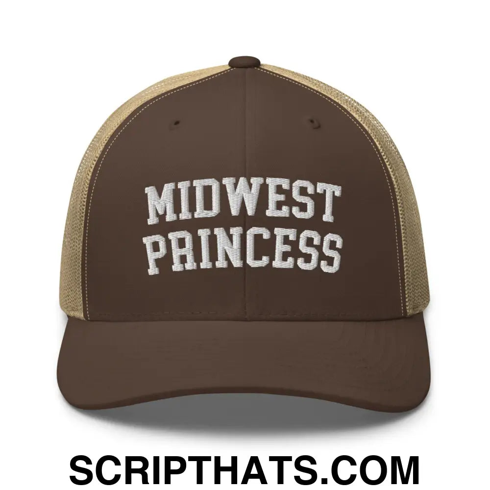 Midwest Princess Varsity Letterman Retro Trucker Hat Brown Khaki