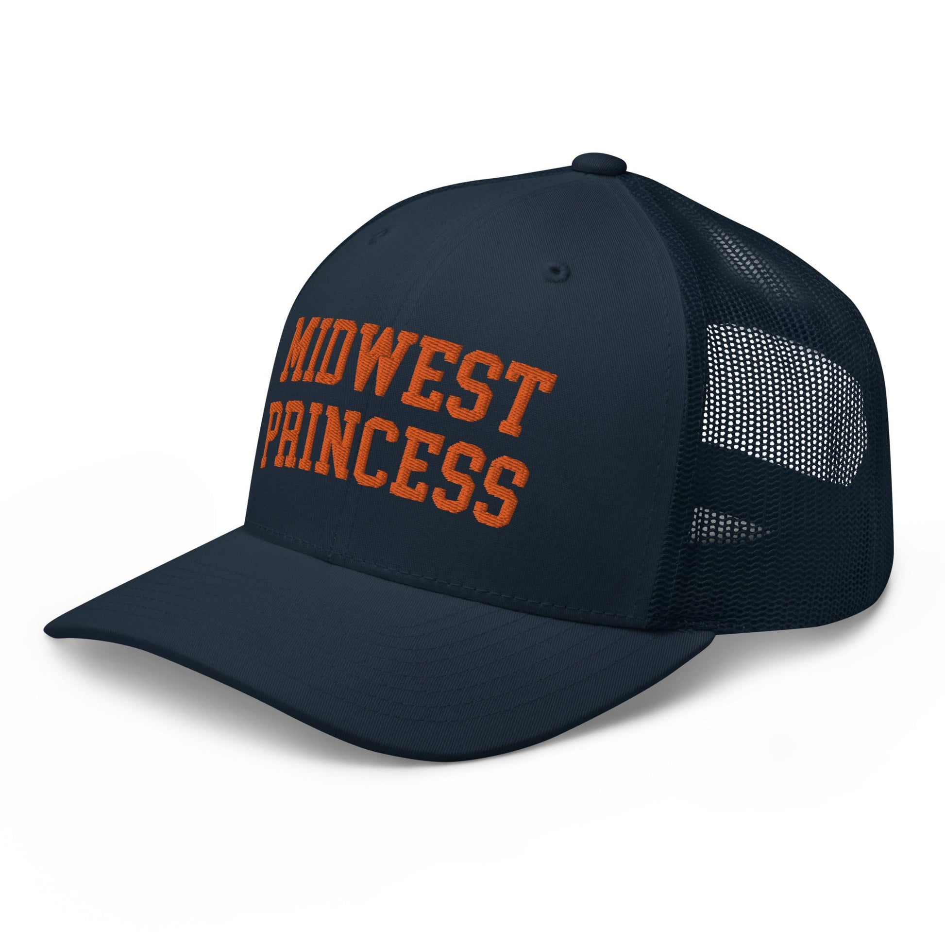 Midwest Princess Varsity Letterman Retro Trucker Hat Orange Navy