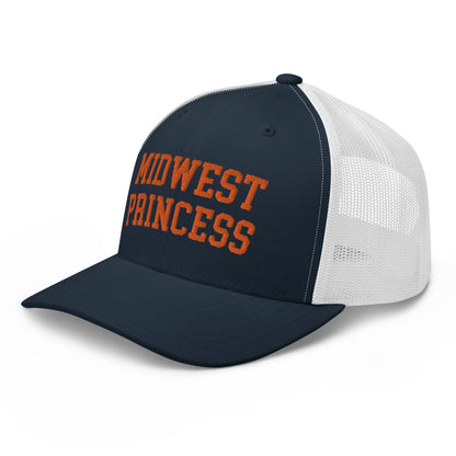 Midwest Princess Varsity Letterman Retro Trucker Hat Orange Navy White