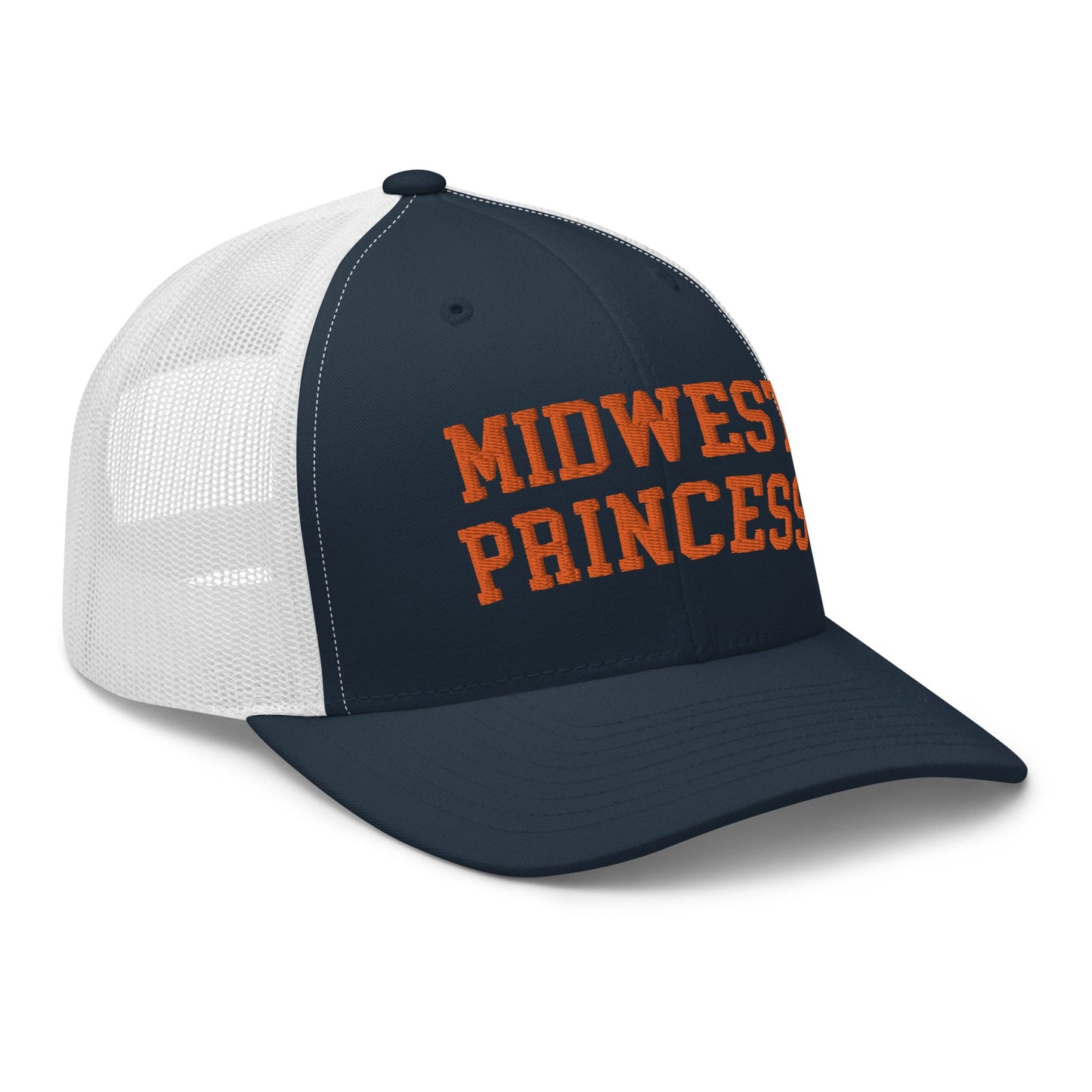 Midwest Princess Varsity Letterman Retro Trucker Hat Orange Navy White