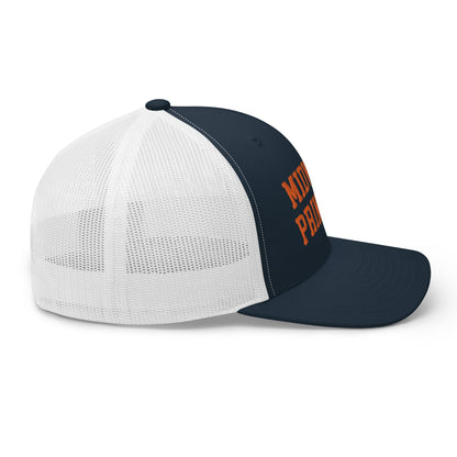 Midwest Princess Varsity Letterman Retro Trucker Hat Orange Navy White