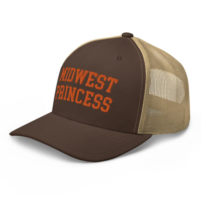 Midwest Princess Varsity Letterman Retro Trucker Hat Orange Brown Khaki