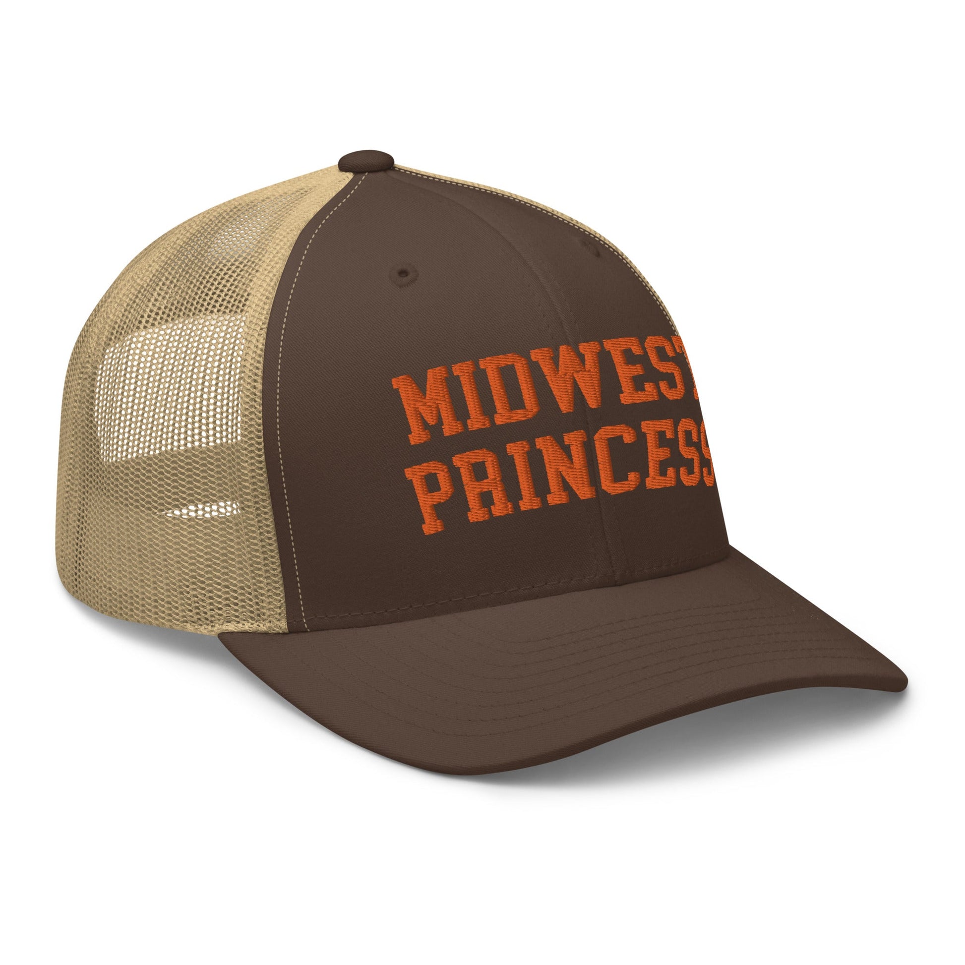 Midwest Princess Varsity Letterman Retro Trucker Hat Orange Brown Khaki