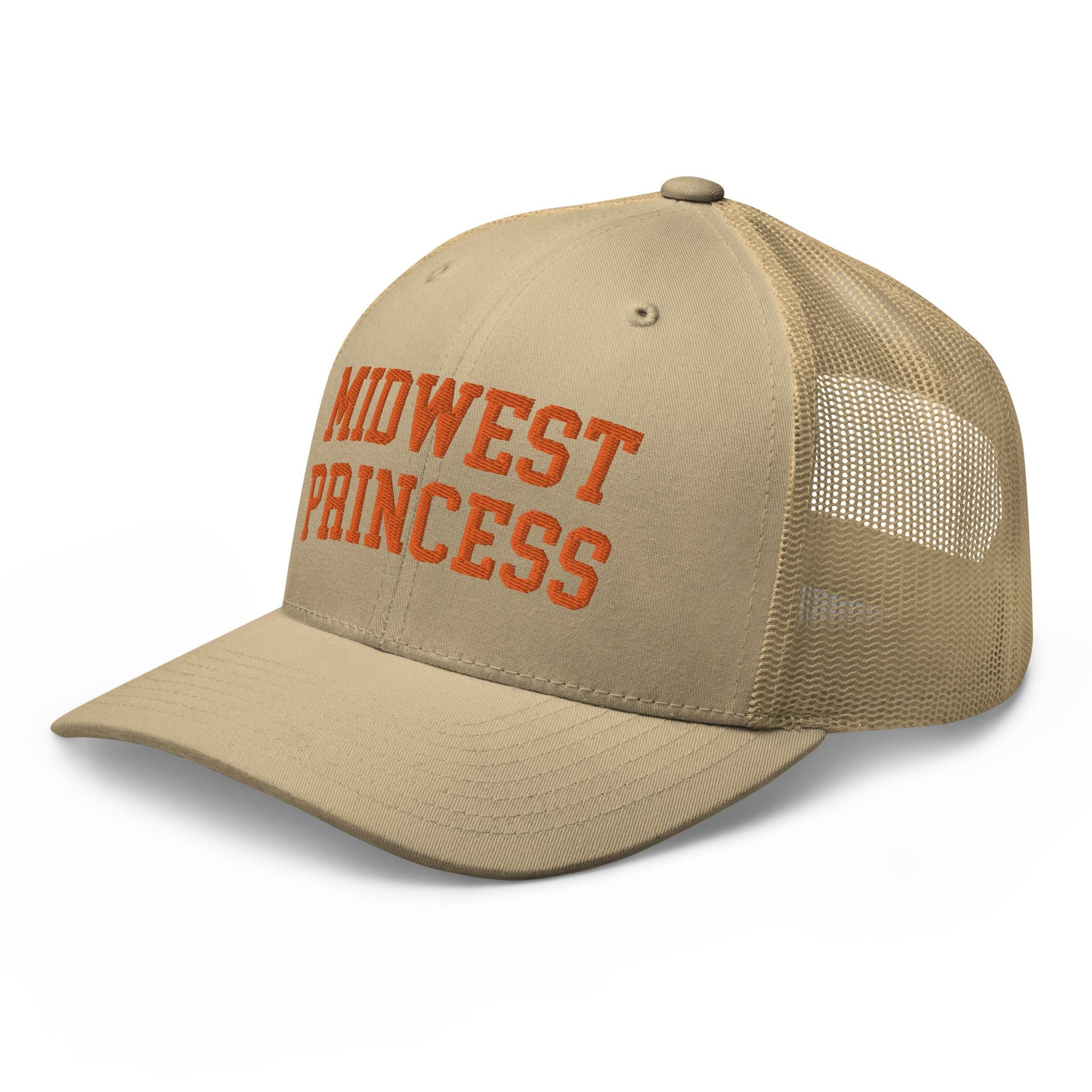 Midwest Princess Varsity Letterman Retro Trucker Hat Orange Khaki