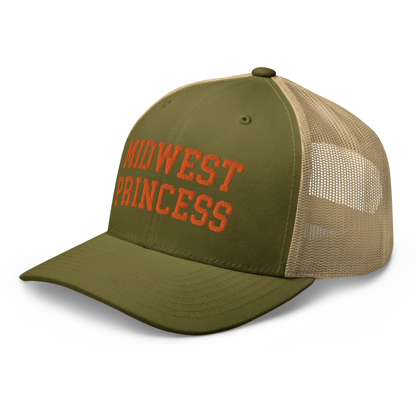 Midwest Princess Varsity Letterman Retro Trucker Hat Orange Moss Khaki