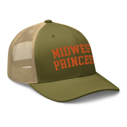 Midwest Princess Varsity Letterman Retro Trucker Hat Orange Moss Khaki