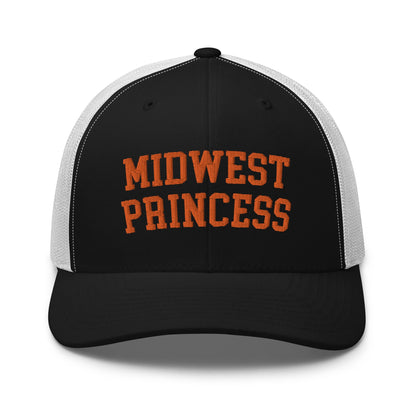 Midwest Princess Varsity Letterman Retro Trucker Hat Orange Black White