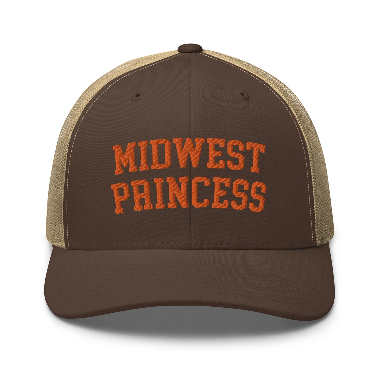 Midwest Princess Varsity Letterman Retro Trucker Hat Orange Brown Khaki