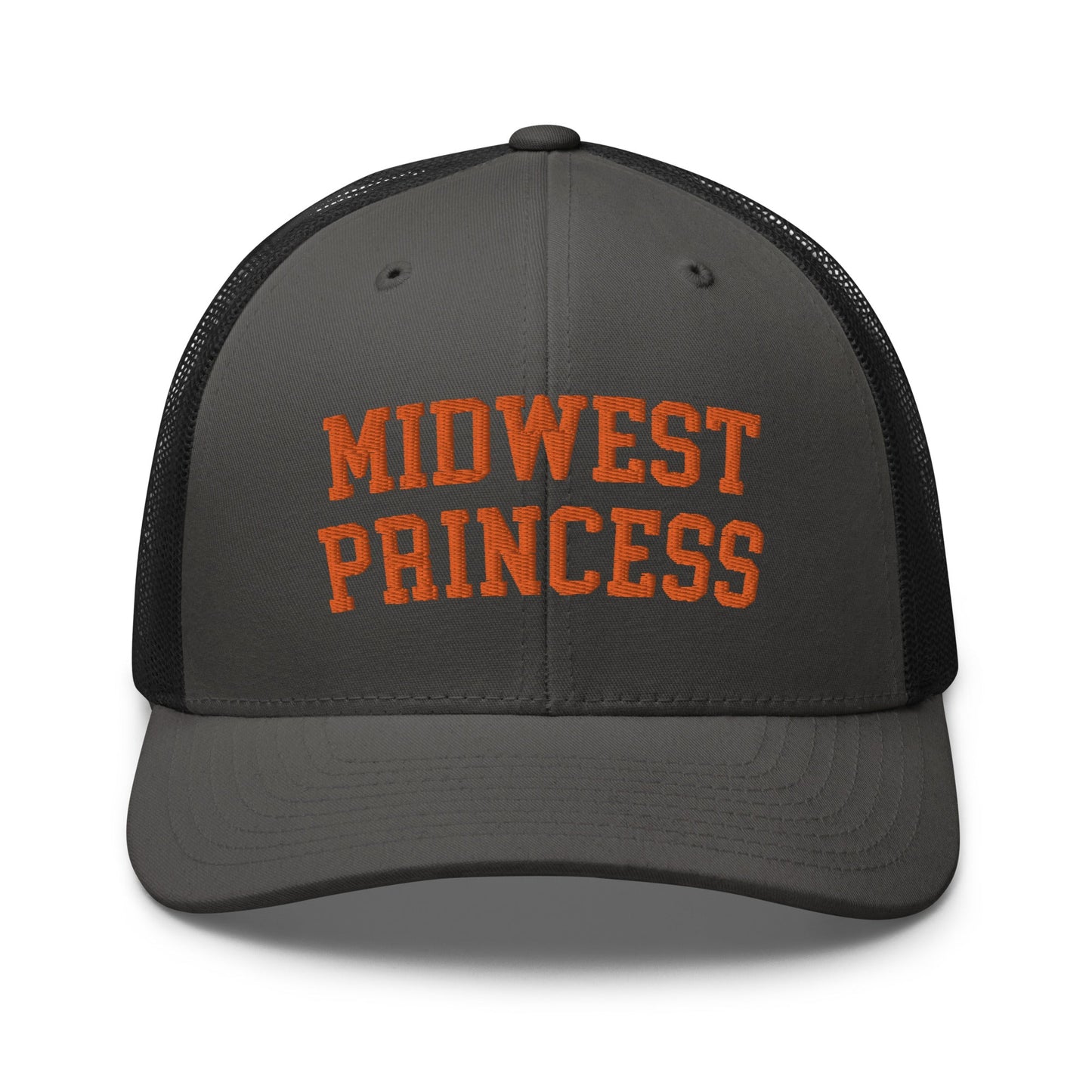 Midwest Princess Varsity Letterman Retro Trucker Hat Orange Charcoal Black