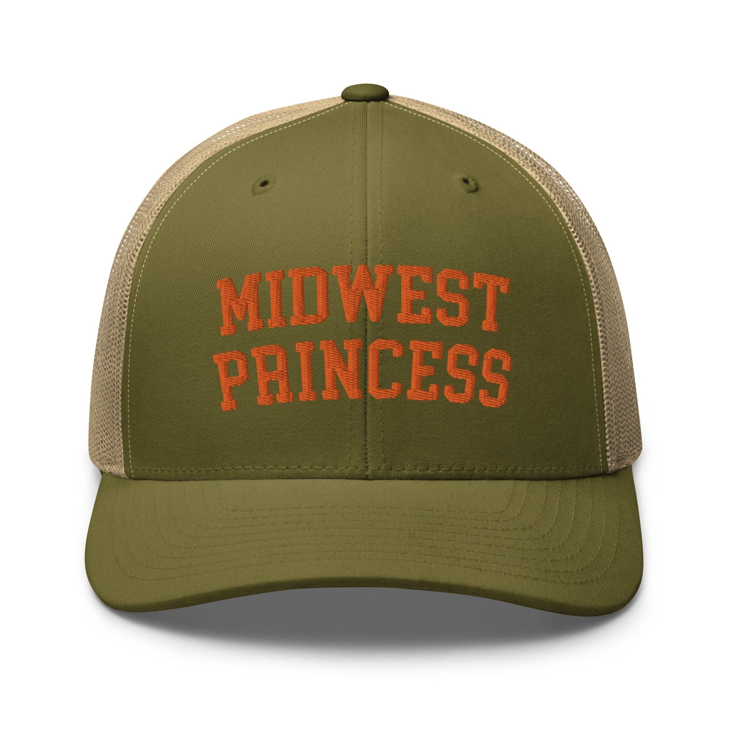 Midwest Princess Varsity Letterman Retro Trucker Hat Orange Moss Khaki