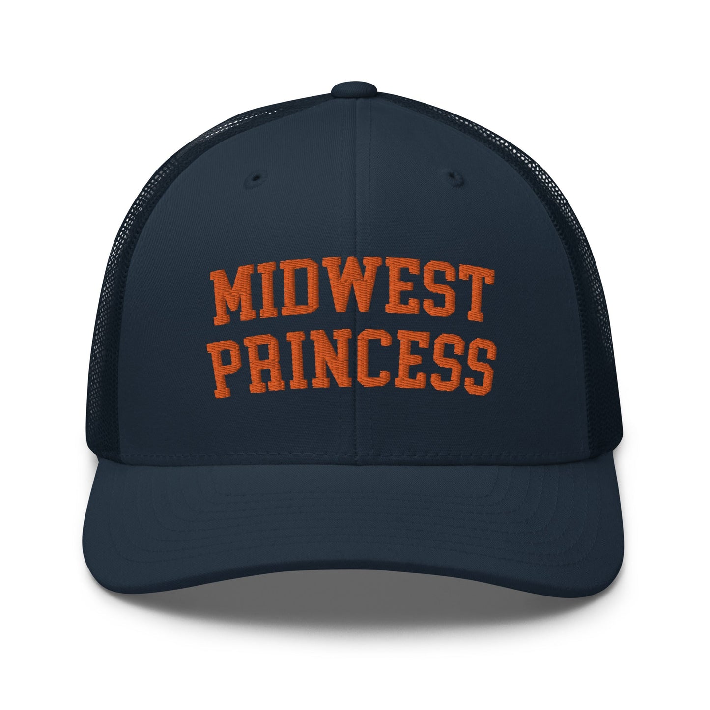 Midwest Princess Varsity Letterman Retro Trucker Hat Orange Navy