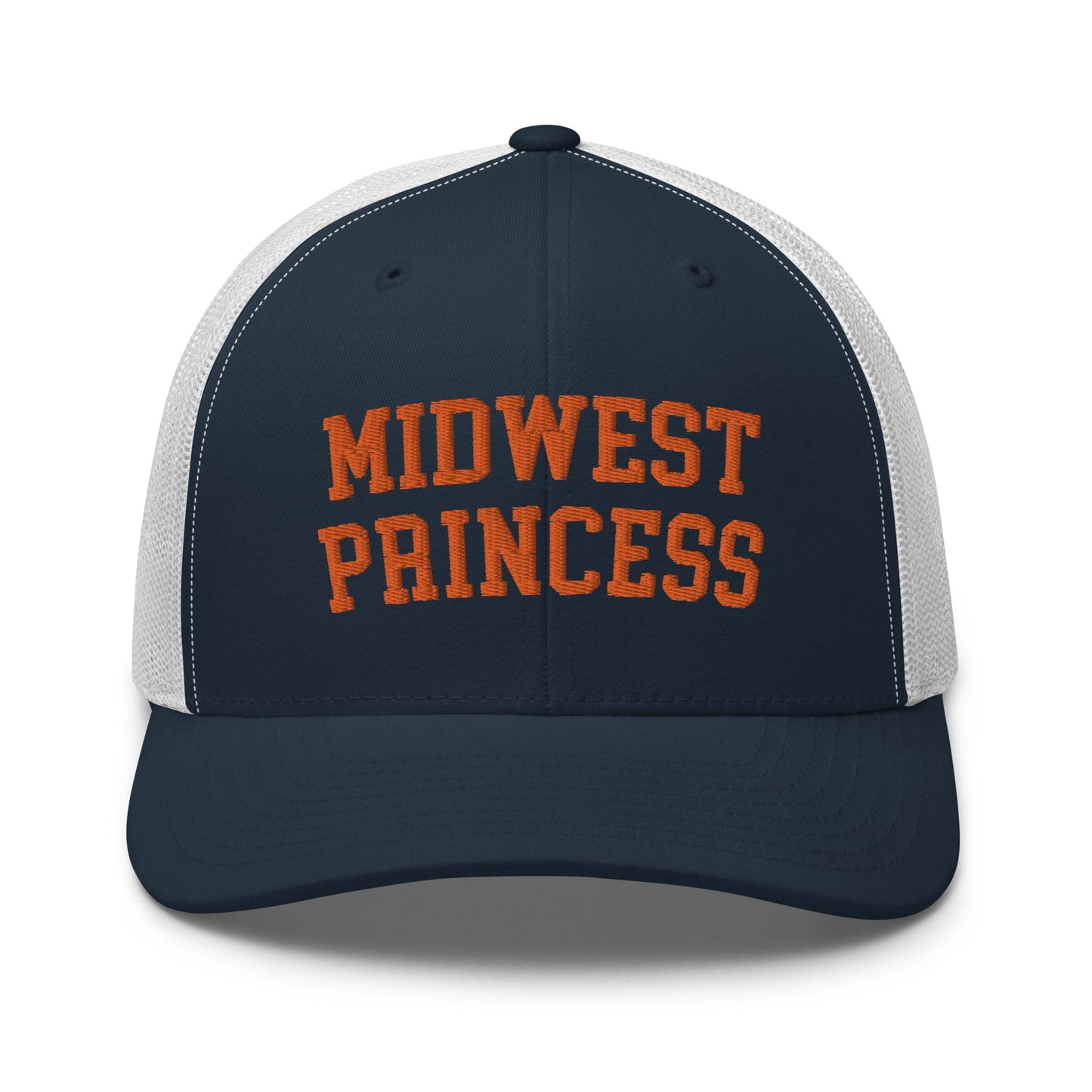 Midwest Princess Varsity Letterman Retro Trucker Hat Orange Navy White