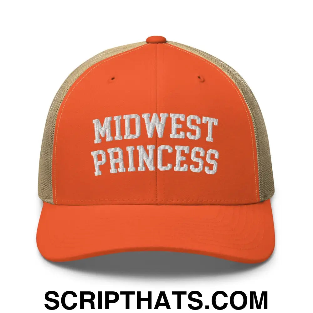 Midwest Princess Varsity Letterman Retro Trucker Hat Rustic Orange Khaki