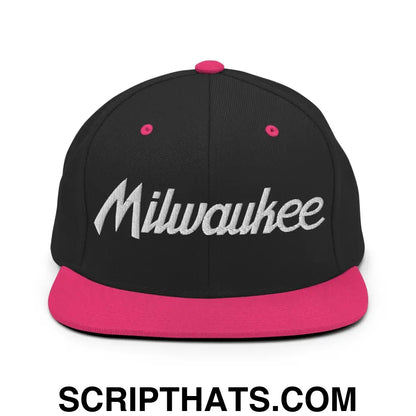 Milwaukee Script Snapback Hat Black Neon Pink