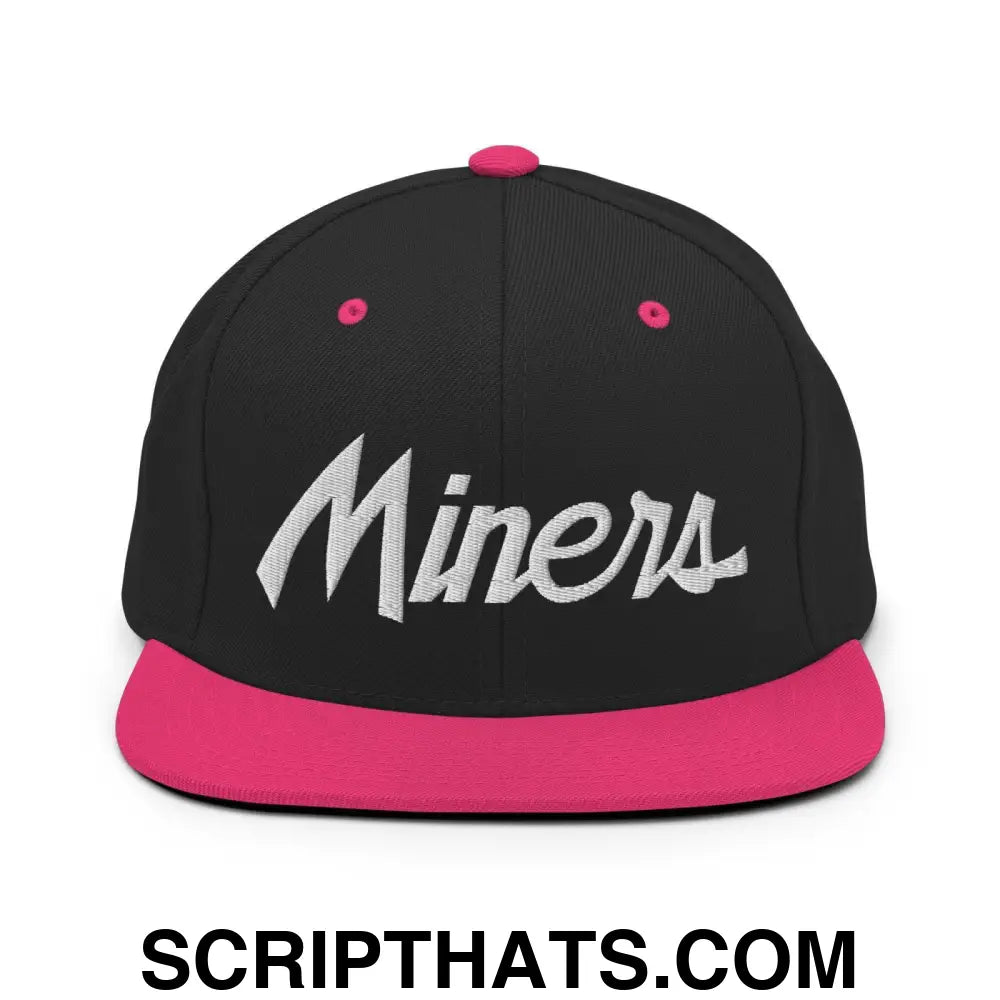 Miners School Mascot Script Snapback Hat Black Neon Pink