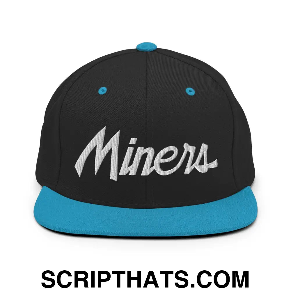 Miners School Mascot Script Snapback Hat Black Teal