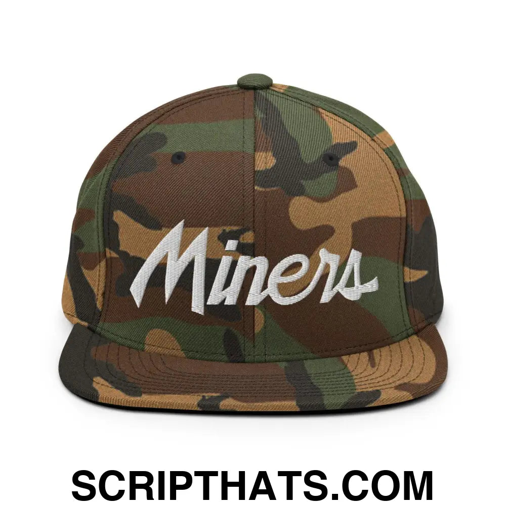 Miners School Mascot Script Snapback Hat Green Camo