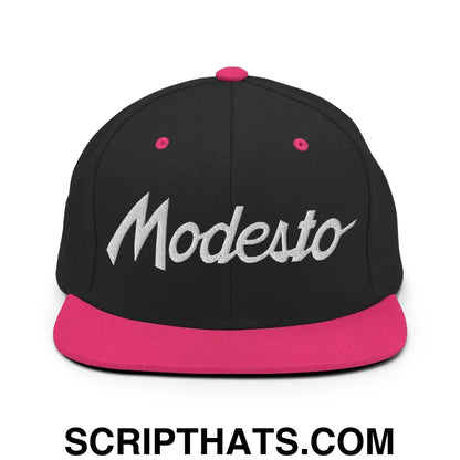 Modesto Script Snapback Hat Black Neon Pink