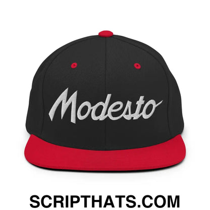 Modesto Script Snapback Hat Black Red