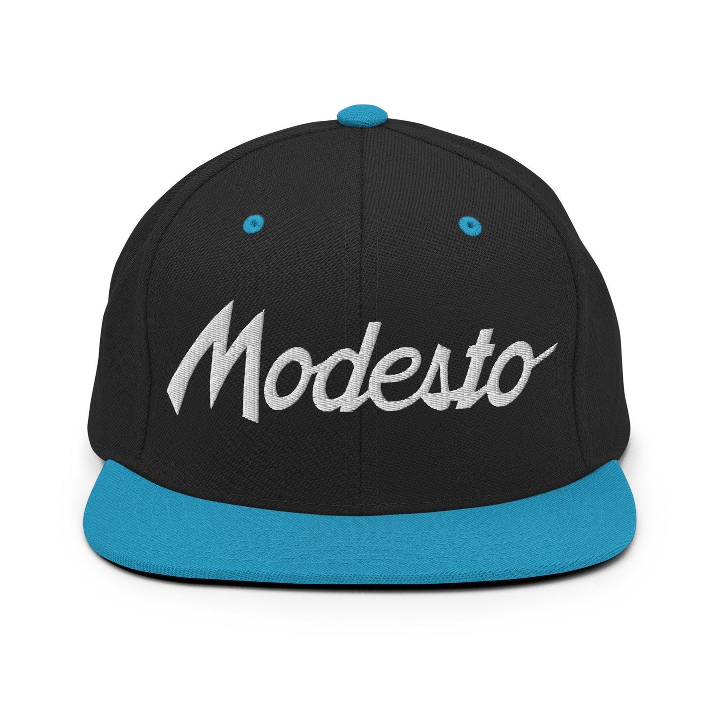 Modesto Script Snapback Hat Black Teal