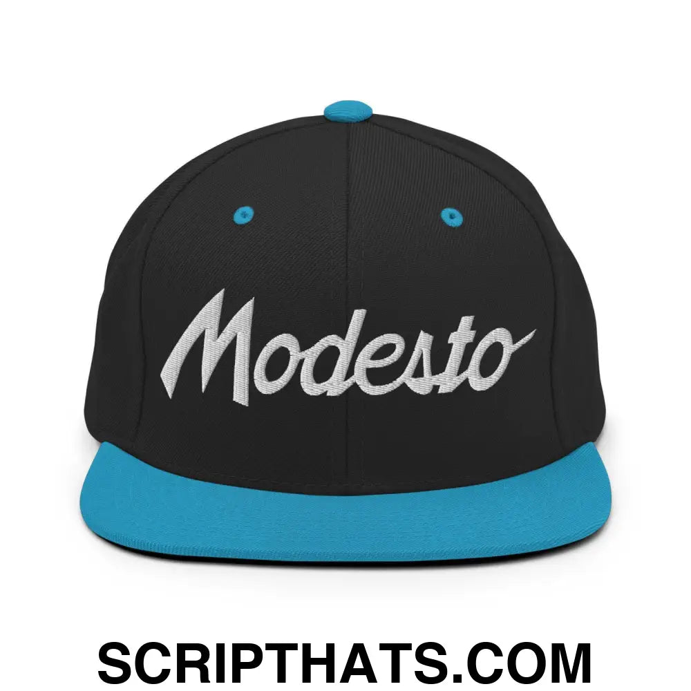 Modesto Script Snapback Hat Black Teal