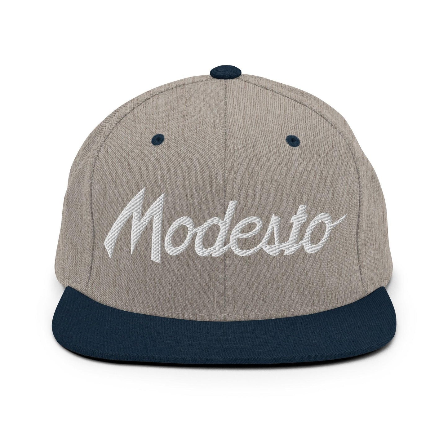 Modesto Script Snapback Hat Heather Grey Navy