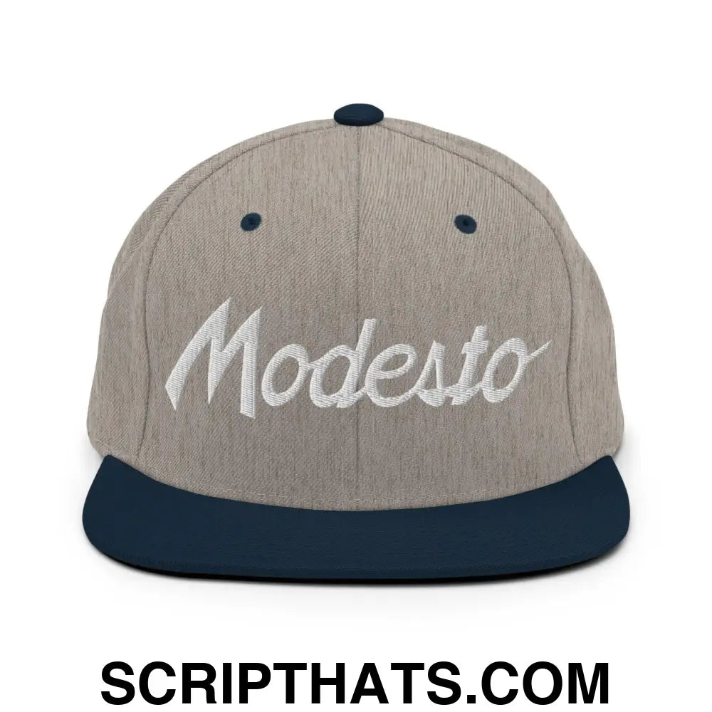 Modesto Script Snapback Hat Heather Grey Navy