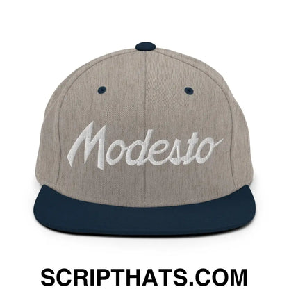 Modesto Script Snapback Hat Heather Grey Navy