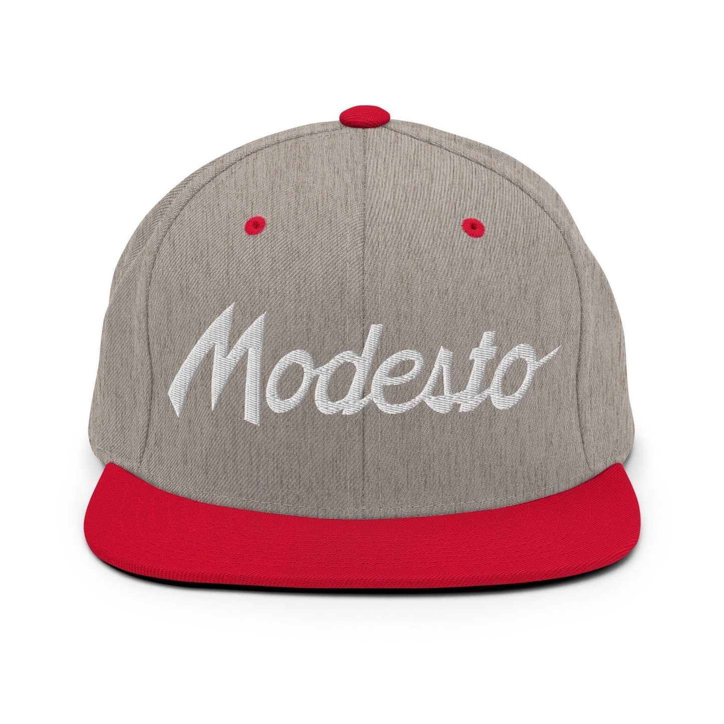 Modesto Script Snapback Hat Heather Grey Red