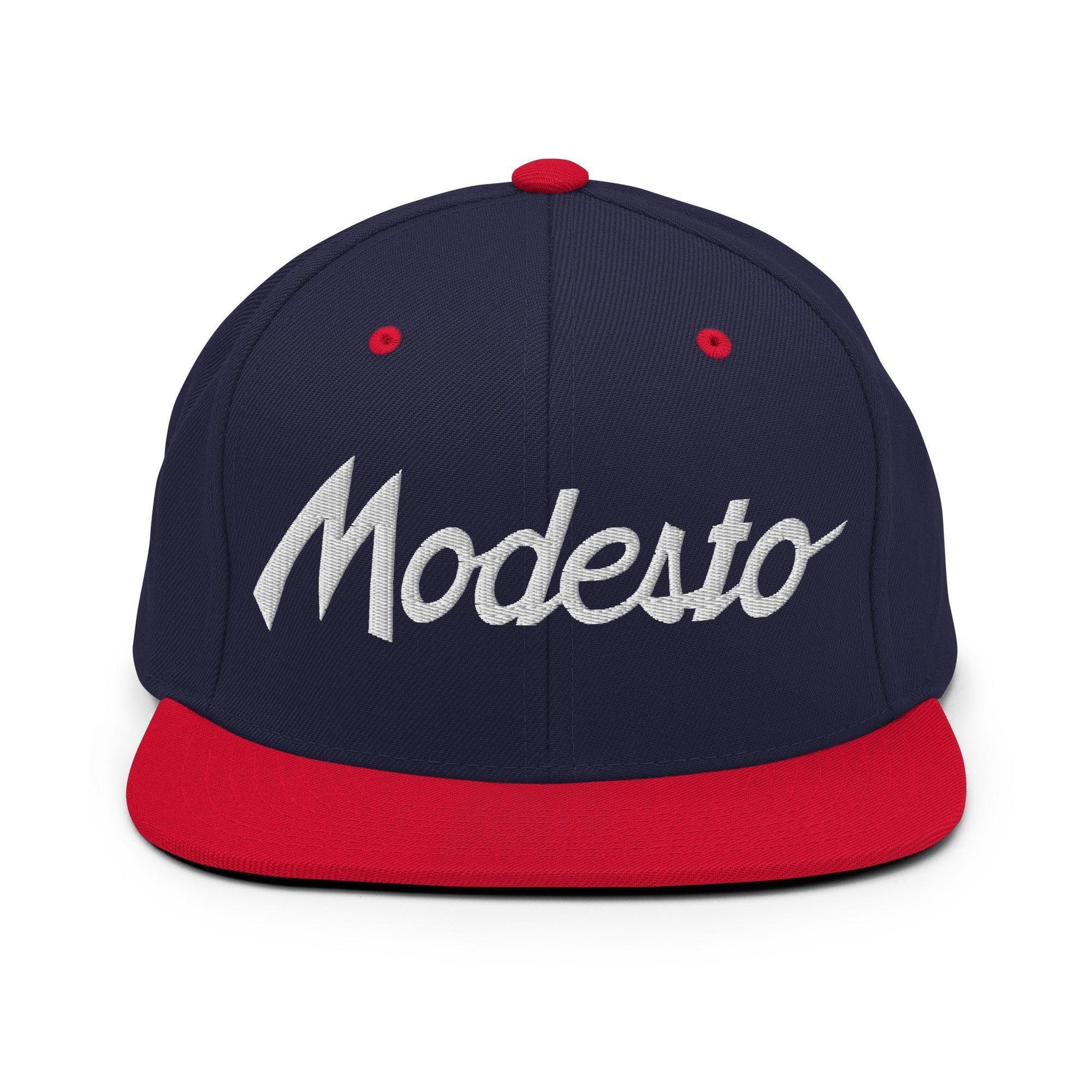 Modesto Script Snapback Hat Navy Red