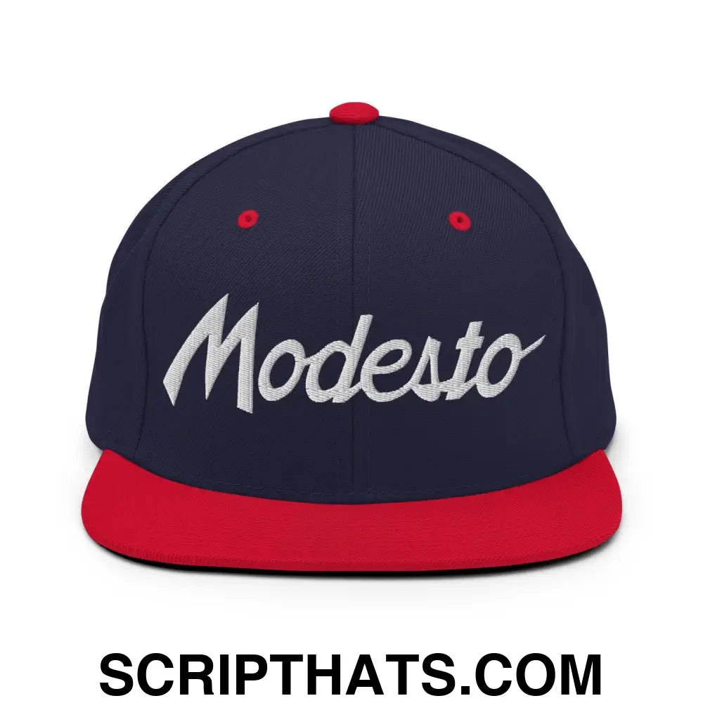 Modesto Script Snapback Hat Navy Red