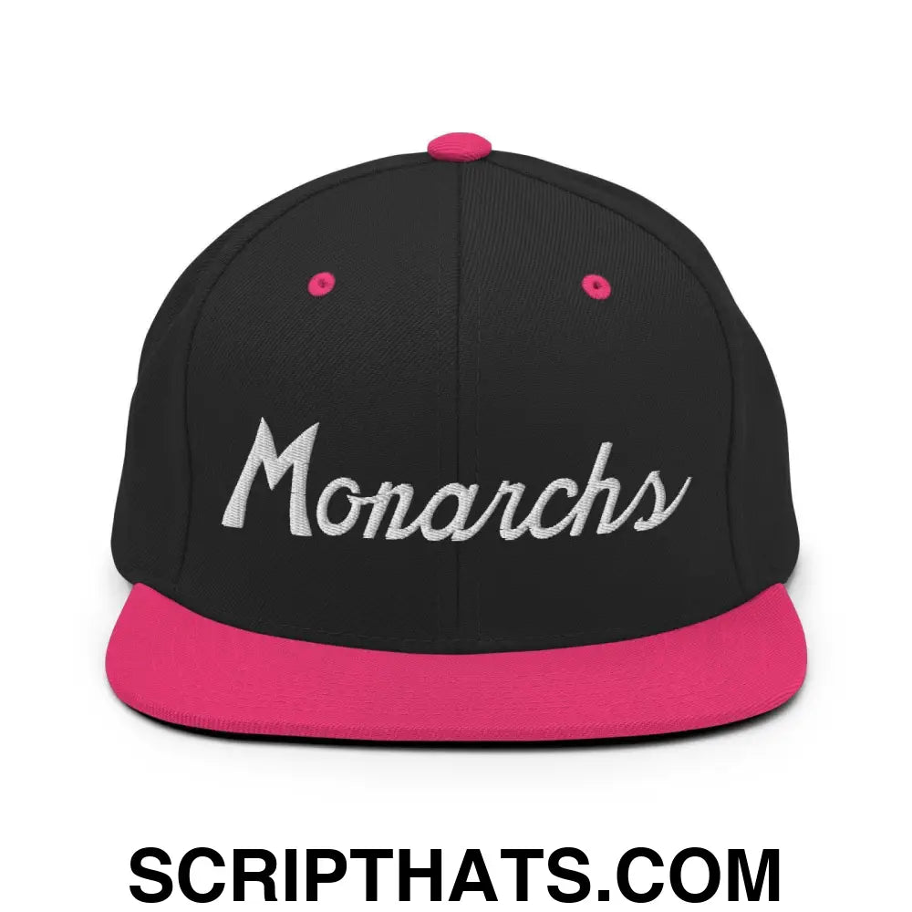 Monarchs School Mascot Script Snapback Hat Black Neon Pink