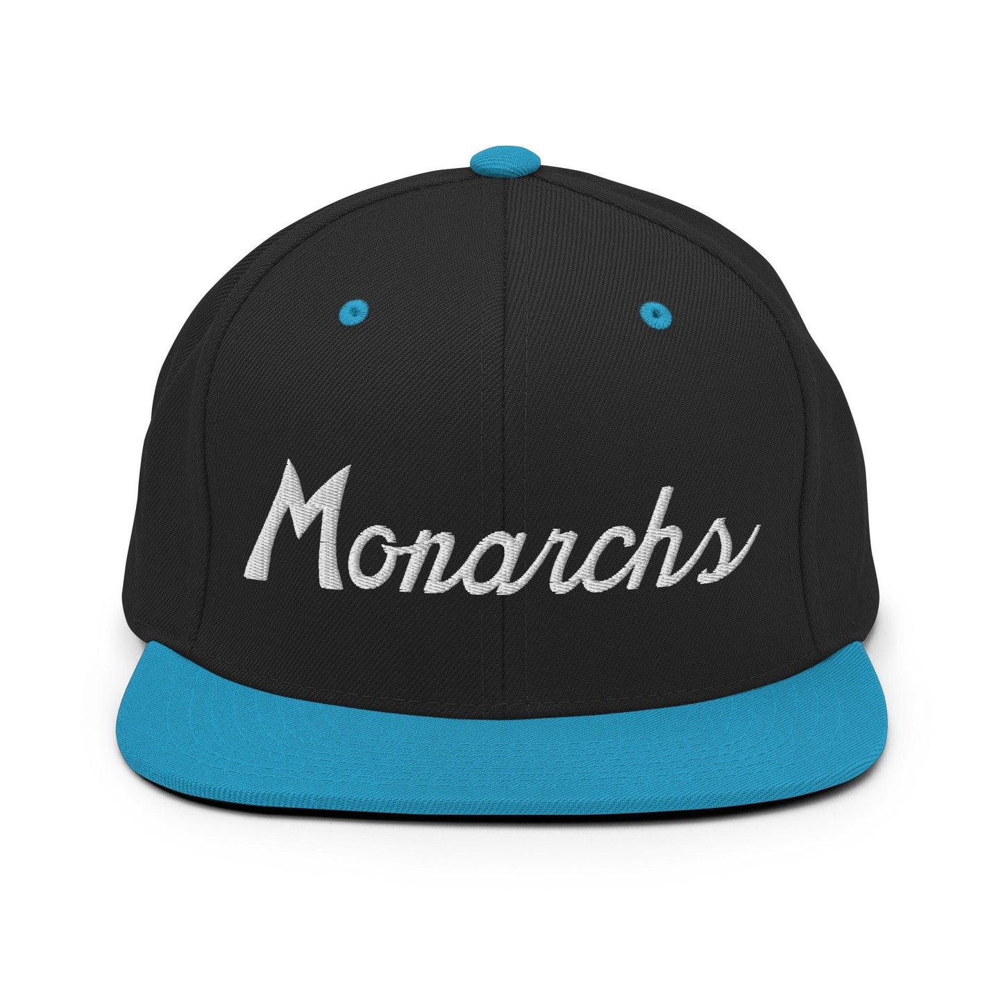 Monarchs School Mascot Script Snapback Hat Black Teal